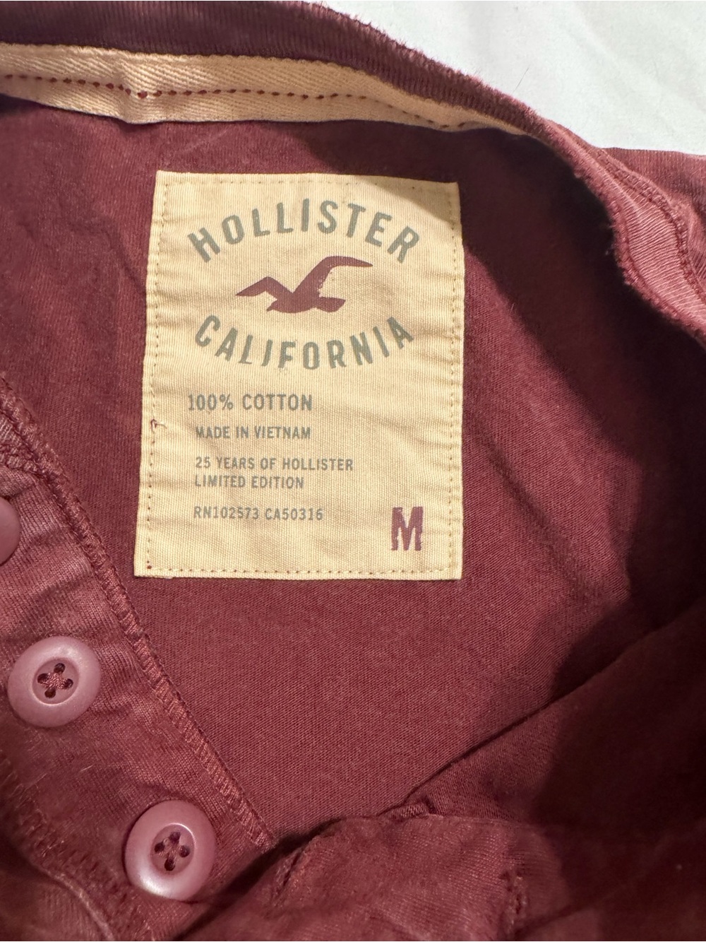 Hollister Men's Long-Sleeve Henley - Maroon with Yellow Logo - Picture 2 of 4